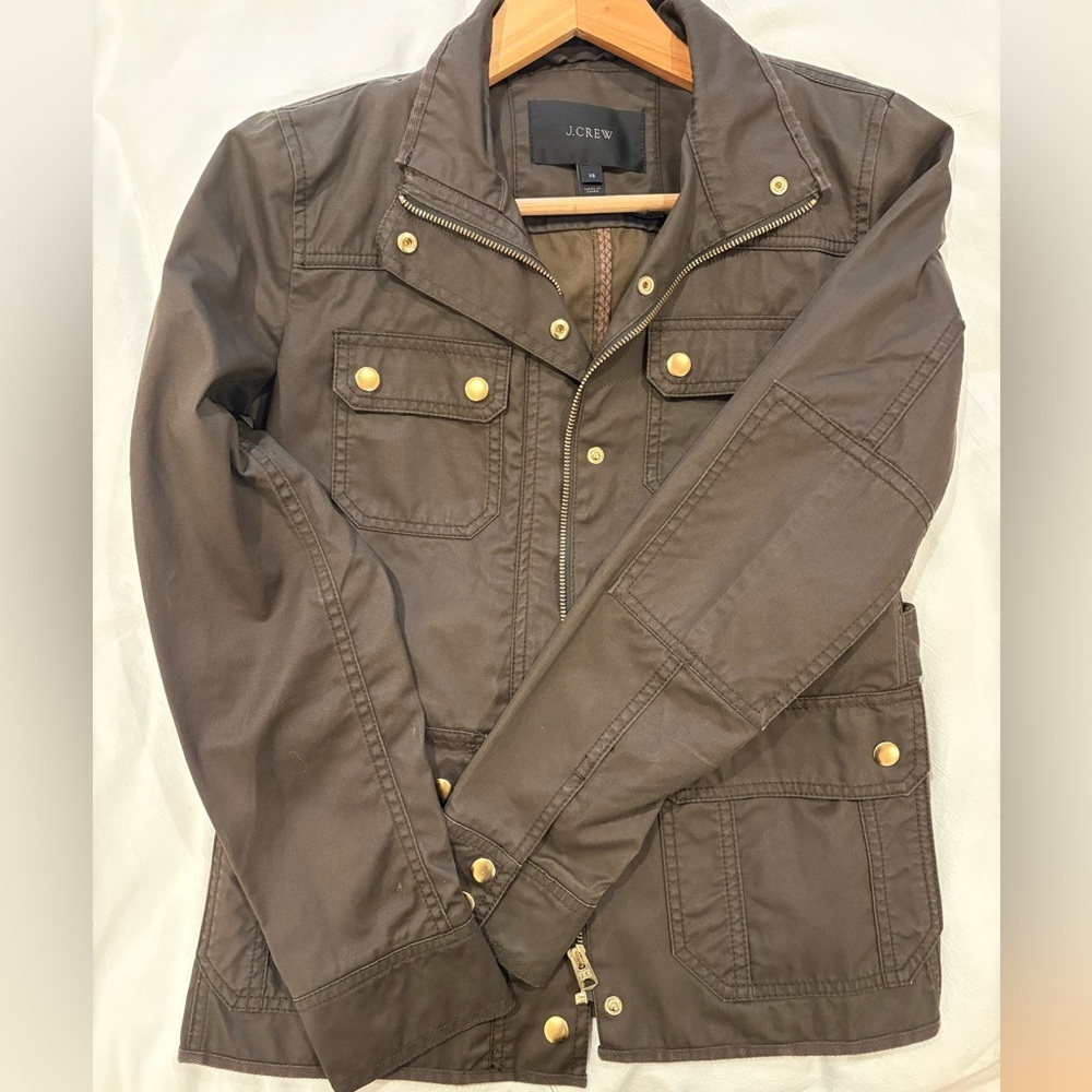 J. Crew Dark Olive waxed Utility Jacket with Gold Buttons - Picture 2 of 5